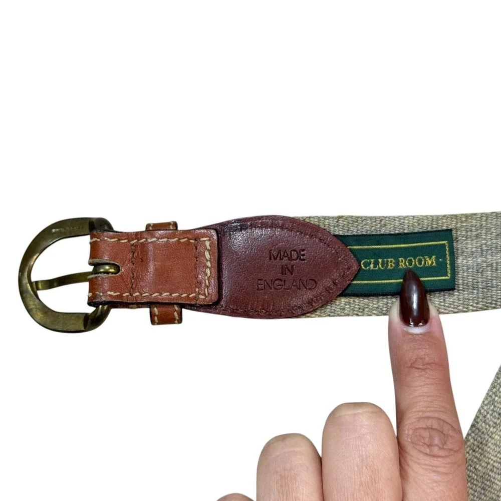 VTG Club Room Canvas Leather Belt Mens 38 Green Brass Preppy England USA‎
